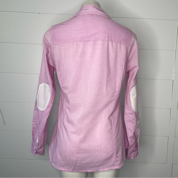 Tommy Girl Oxford Button Up L Pink Lilac White Elbow Patches Tab Sleeves Lace - Picture 3 of 11